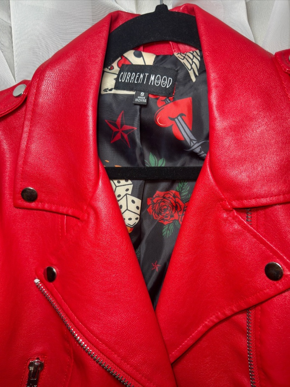 Current Mood Red Faux Leather Biker Moto Jacket Sinner Graphic Back M Alt - Picture 3 of 4